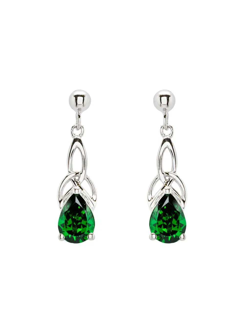 Sterling Silver Trinity Knot Drop Earrings with Green Stone